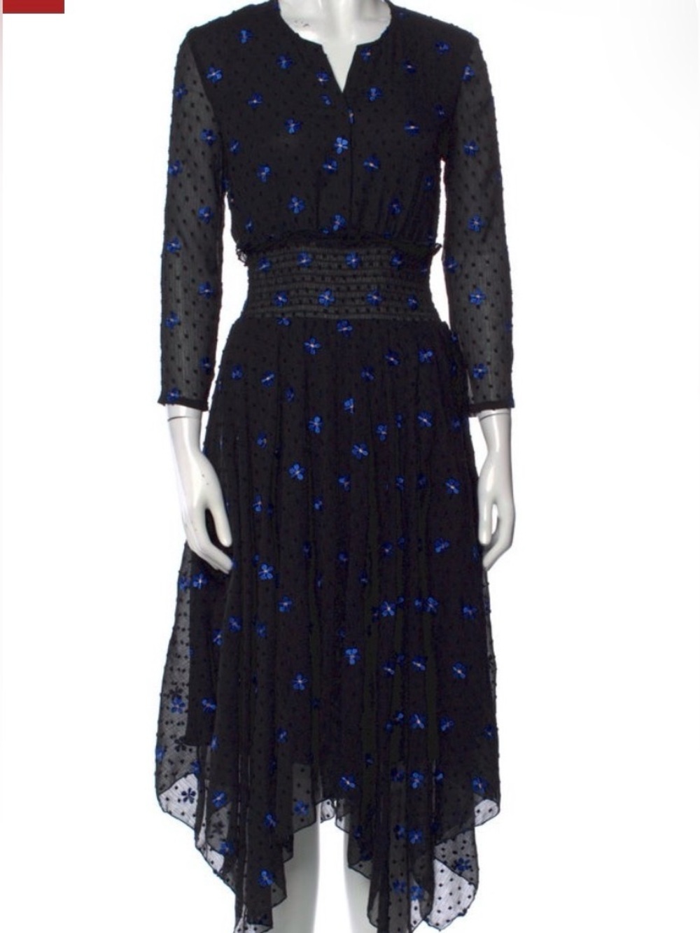 MAJE Black Chiffon Midi Dress with Blue Floral Embroidery